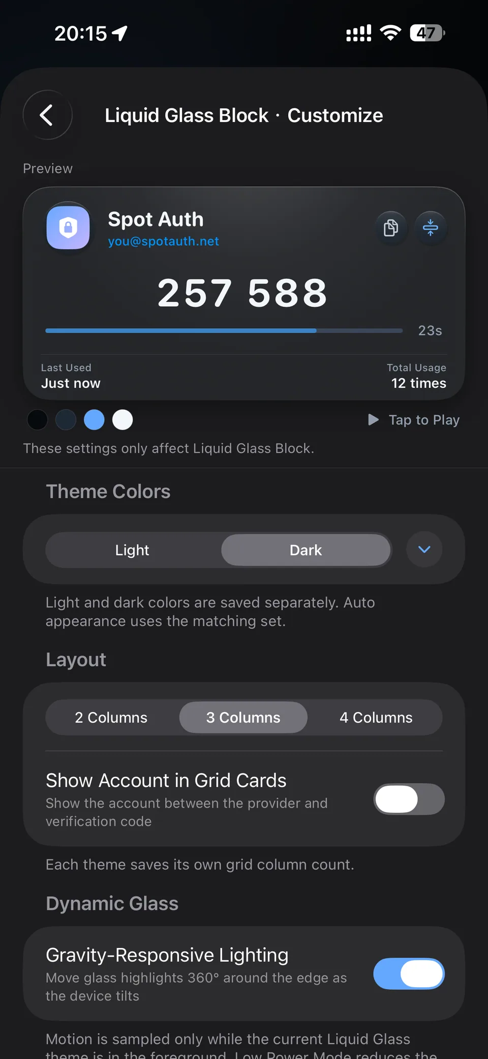 Colori e layout — Spot Auth v1.1.0
