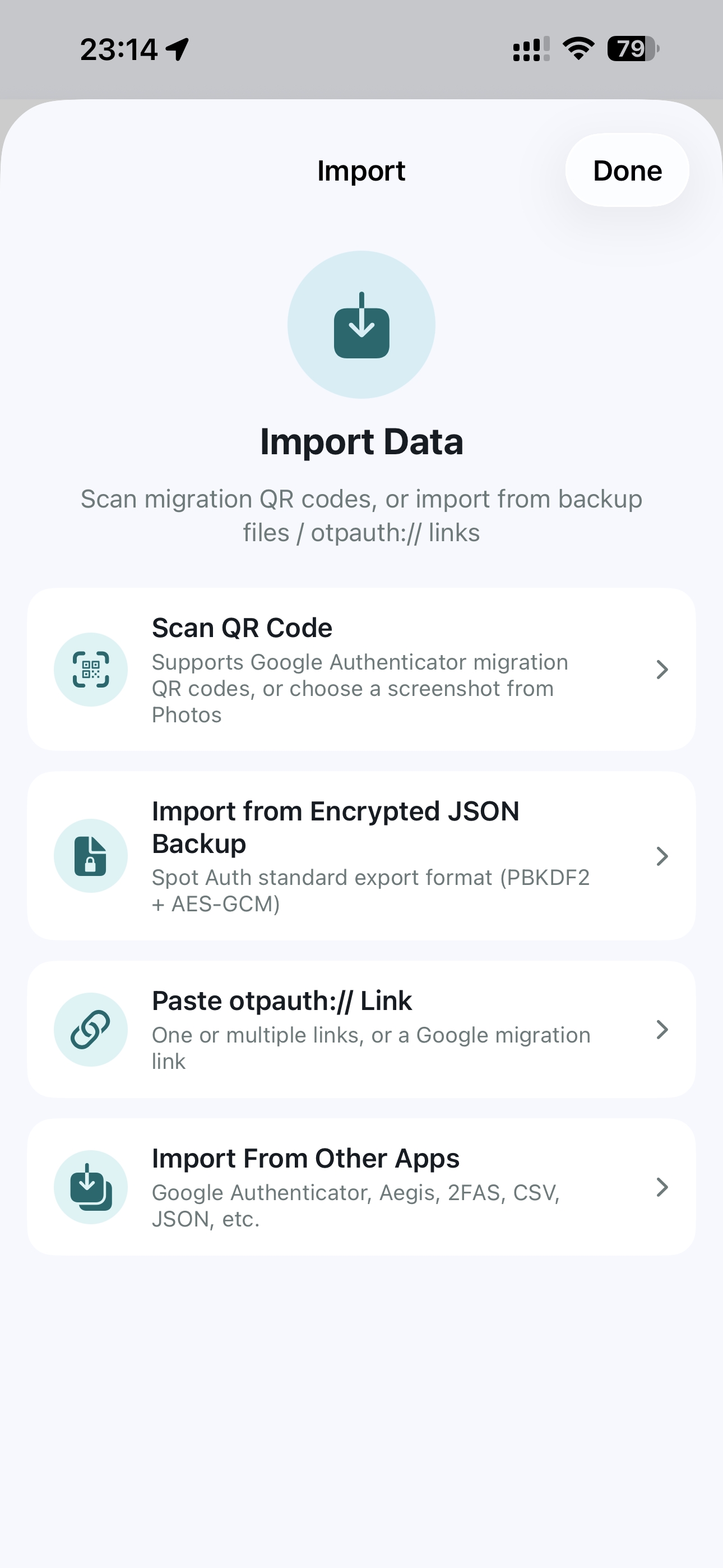 Spot Auth import screen